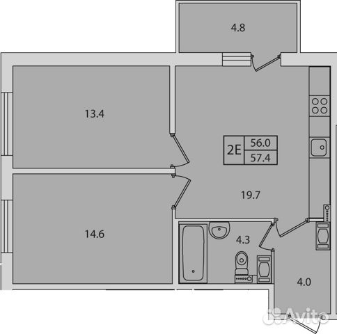 2-к квартира, 57.4 м², 14/16 эт.