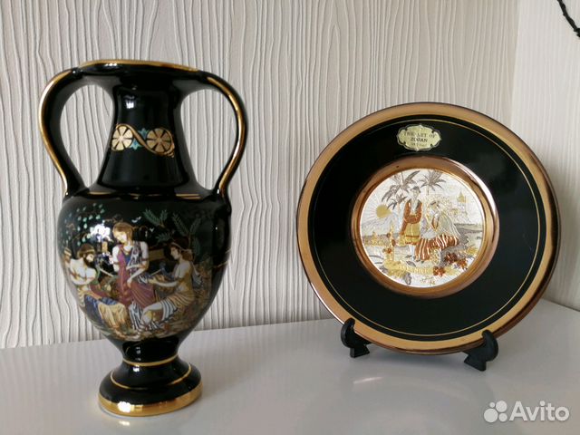 Греческая амфора и тарелка с позолотой, комплект