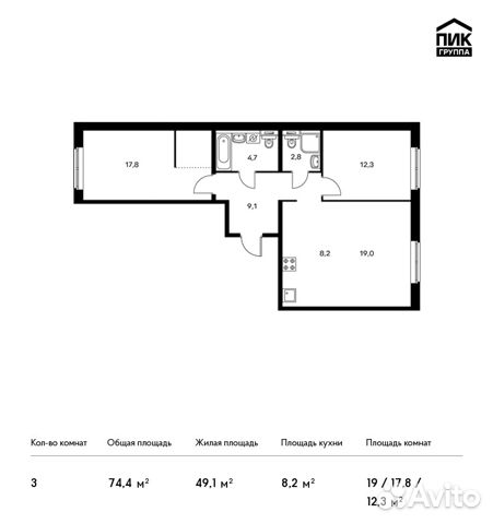 3-к квартира, 74.4 м², 2/25 эт.