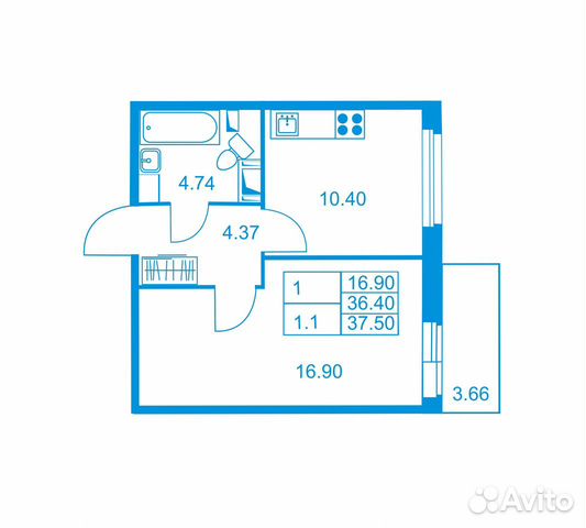 1-к квартира, 37.5 м², 7/10 эт.