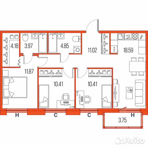 3-к квартира, 75.3 м², 19/22 эт.