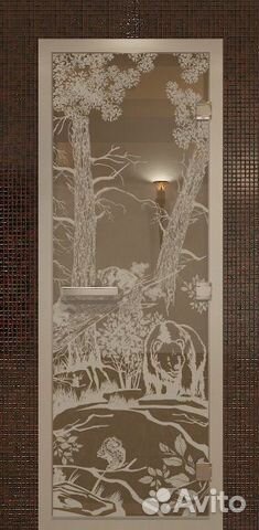 Дверь стеклянная для бани бронза Мишки 190х70