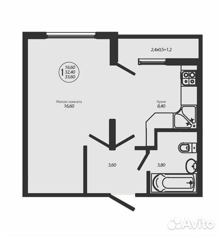 1-к квартира, 35.6 м², 1/8 эт.