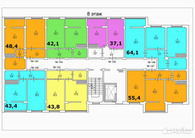 1-к квартира, 43.4 м², 8/8 эт.