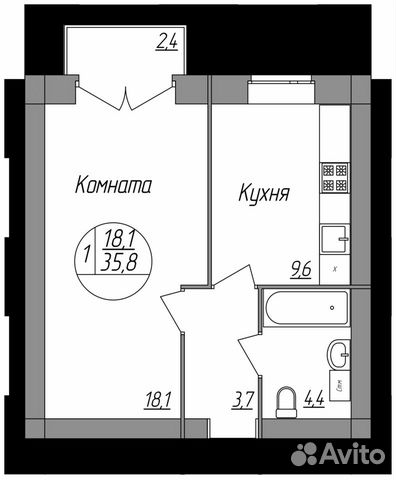 1-к квартира, 35.7 м², 3/3 эт. 1-к квартира, 35.7 м², 3/3 эт.