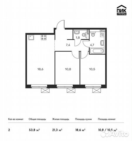 2-к квартира, 53.8 м², 10/22 эт.