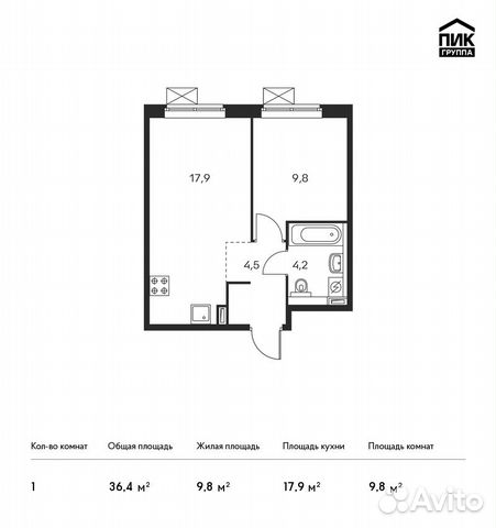 1-к квартира, 36.4 м², 13/22 эт.