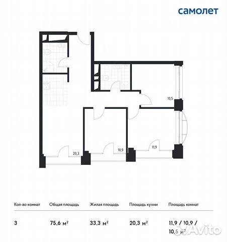 3-к квартира, 75.6 м², 16/24 эт.