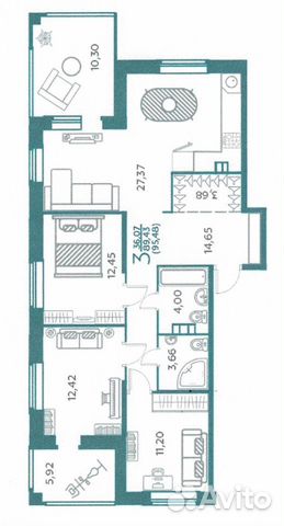 3-к квартира, 95.5 м², 2/9 эт.