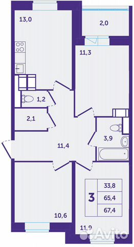 3-к квартира, 67.4 м², 7/25 эт.