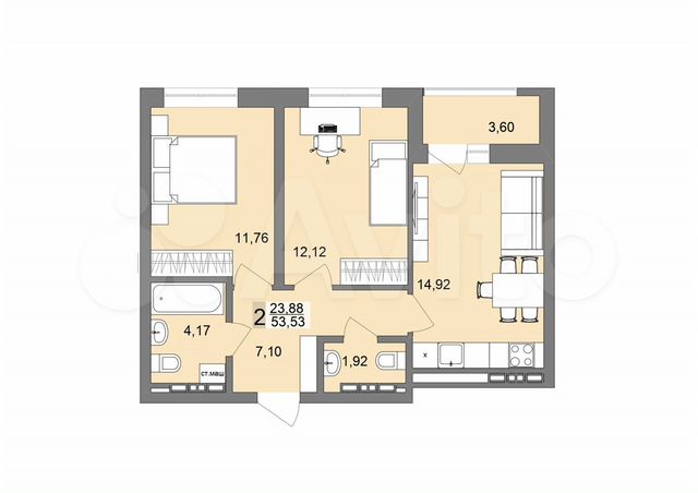 2-к. квартира, 53,5 м², 15/19 эт.