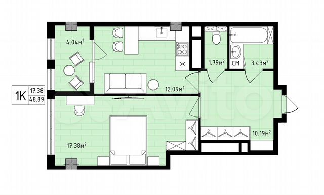 1-к. квартира, 48,9 м², 12/16 эт.