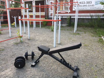 Скамья + гантели по 32кг каждая