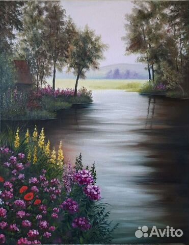 Картина маслом на холсте пейзаж.У речки