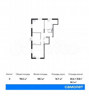 3-к квартира, 90.5 м², 6/17 эт.