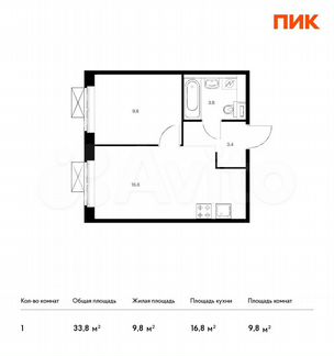 1-к квартира, 33.8 м², 2/17 эт.