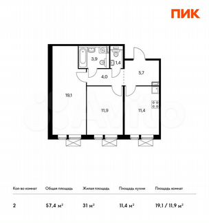 2-к квартира, 57.4 м², 3/9 эт.