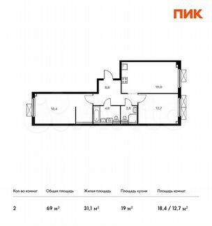2-к квартира, 69 м², 2/17 эт.