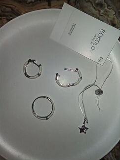 Комплект серебро эмаль серьги-кольца + кольцо