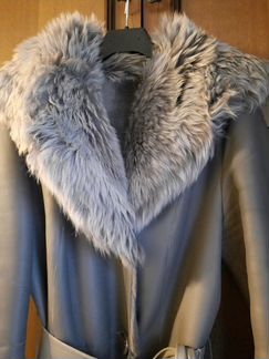 Дубленка серая с капюшоном