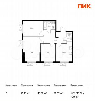 3-к квартира, 75.2 м², 5/33 эт.