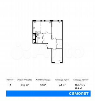 3-к квартира, 74.3 м², 15/19 эт.