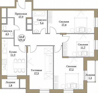 4-к квартира, 106.4 м², 13/17 эт.