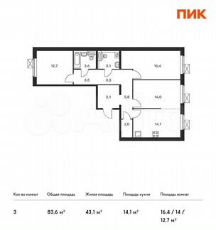 3-к квартира, 83.6 м², 2/16 эт.